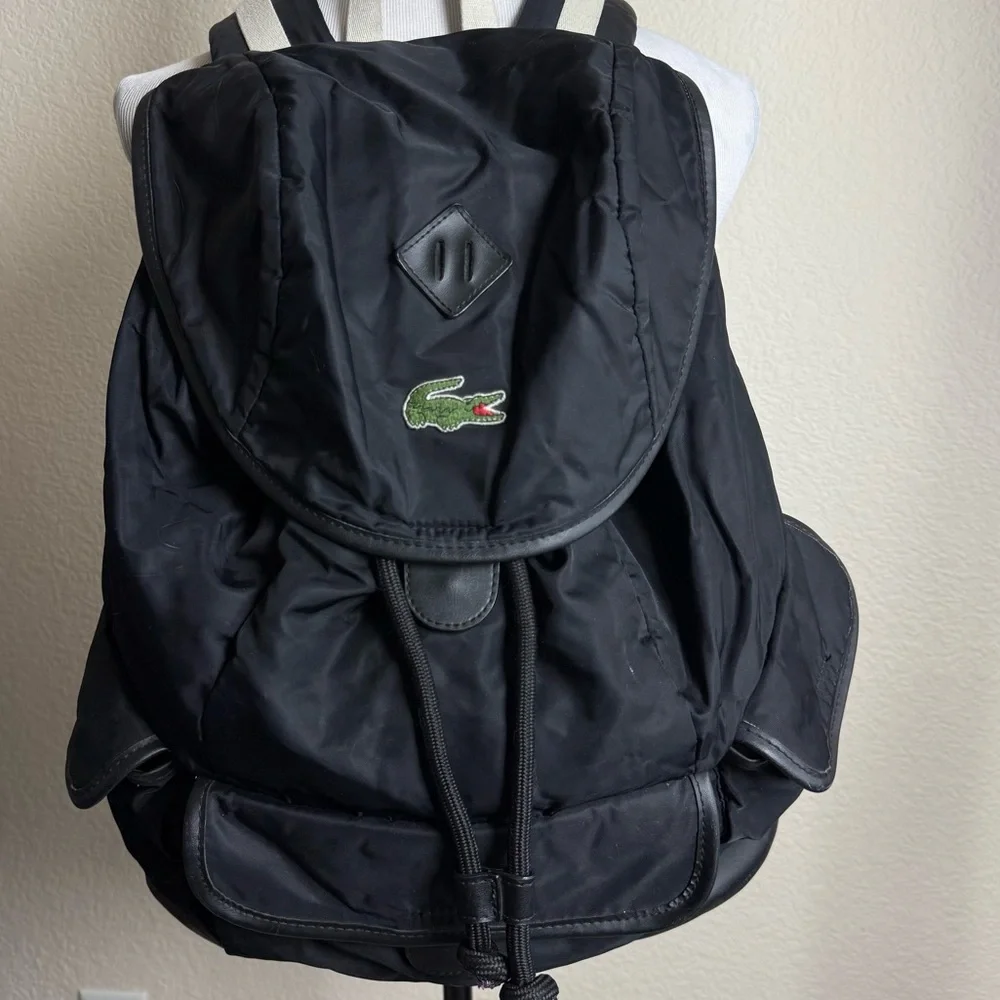 Vintage Lacoste Backpack‎ Large Black Nylon Drawstring Rucksack
